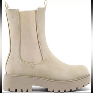 mysoft women's Chelsea Combat Boots Mid Calf Platform Chunky Heel Beige